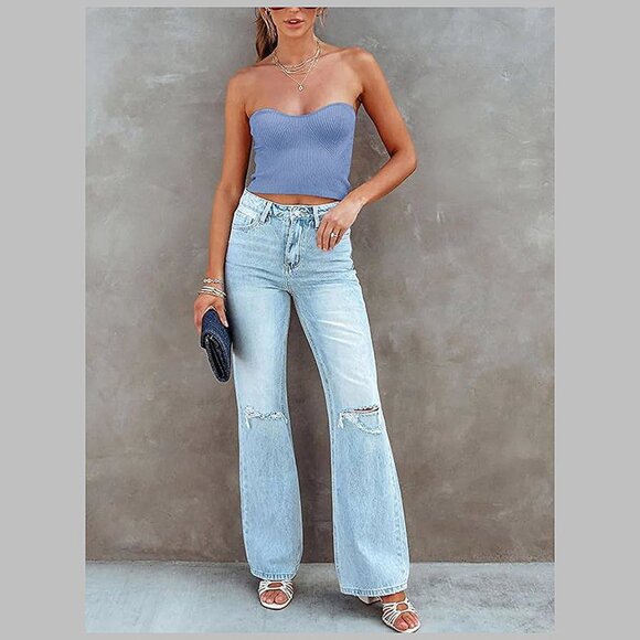 Women's Summer Sexy Sweetheart Neck Sleeveless Strapless Y2K Sky Blue - Picture 4 of 6